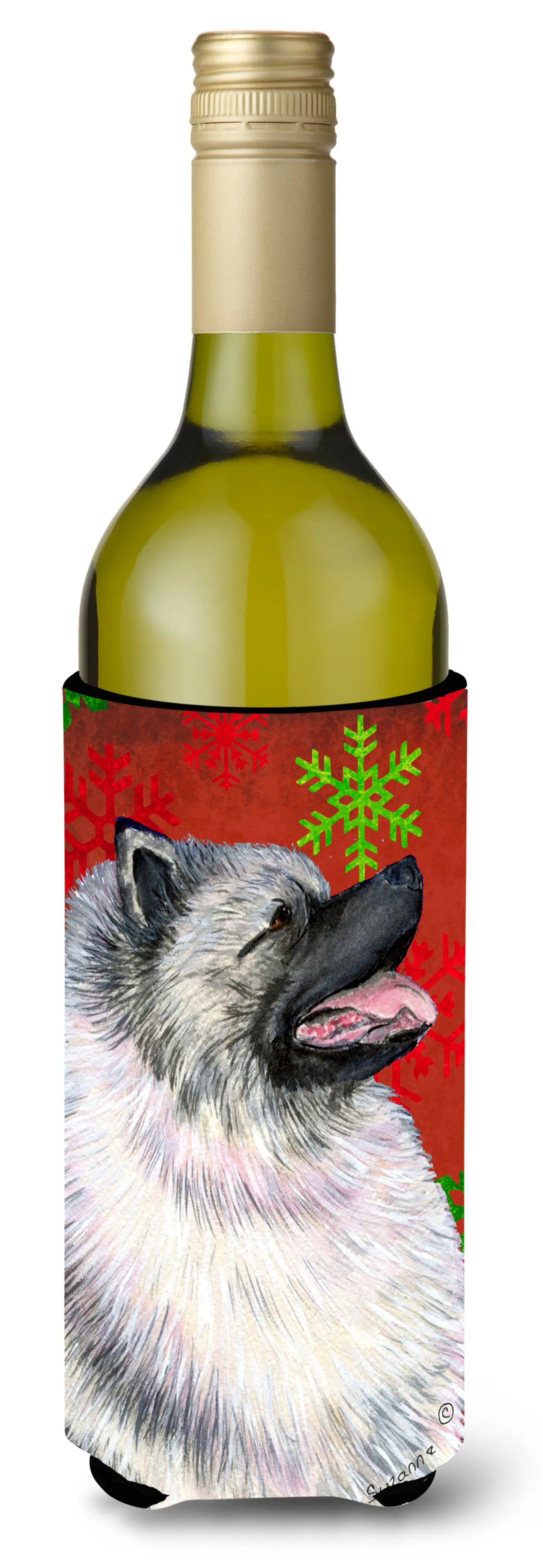 Red and Green Snowflakes Christmas Design with Dog Wine Bottle Hugger