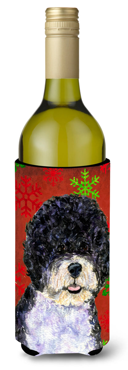 Red and Green Snowflakes Christmas Design with Dog Wine Bottle Hugger