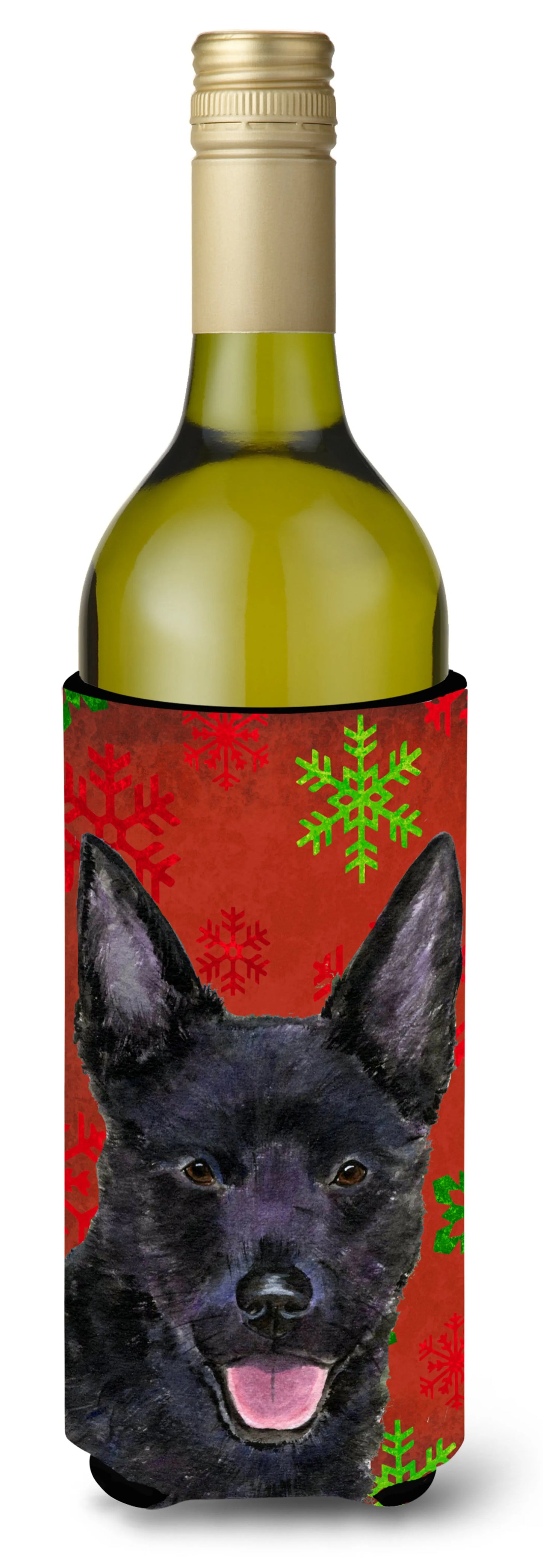 Red and Green Snowflakes Christmas Design with Dog Wine Bottle Hugger