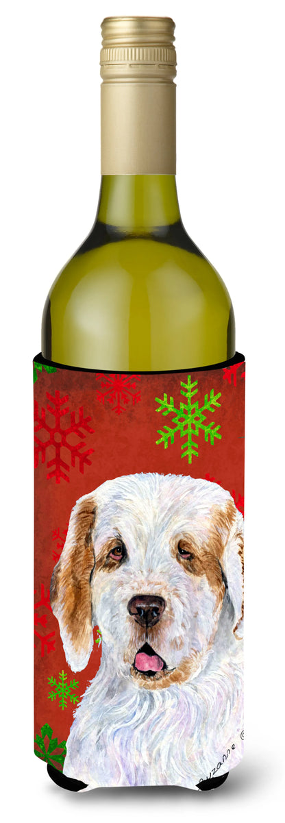 Red and Green Snowflakes Christmas Design with Dog Wine Bottle Hugger