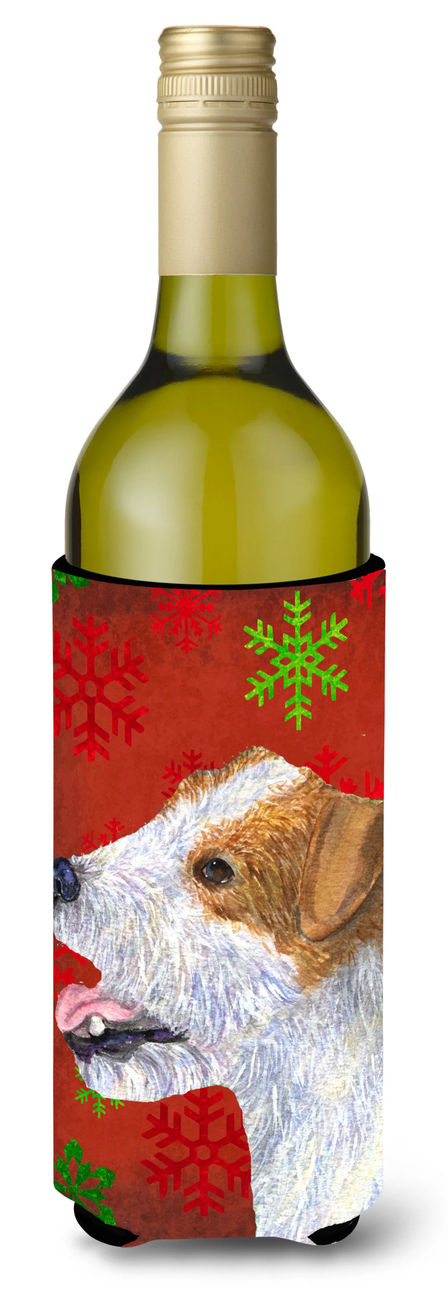 Red and Green Snowflakes Christmas Design with Dog Wine Bottle Hugger