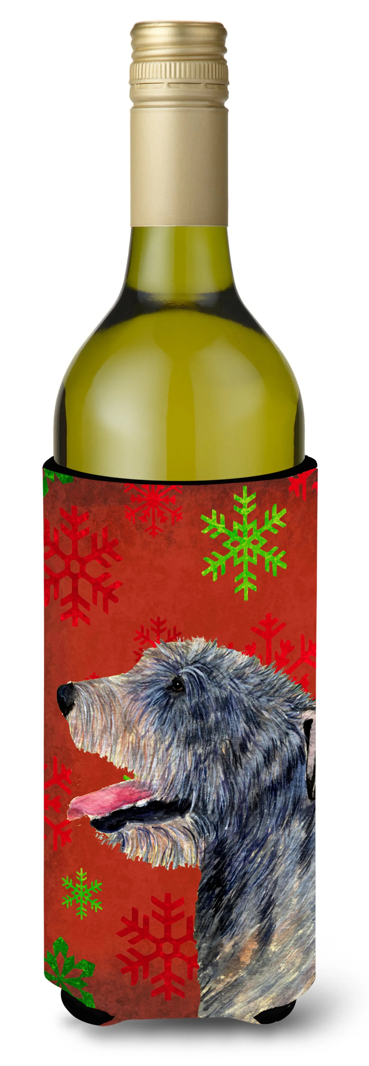 Red and Green Snowflakes Christmas Design with Dog Wine Bottle Hugger