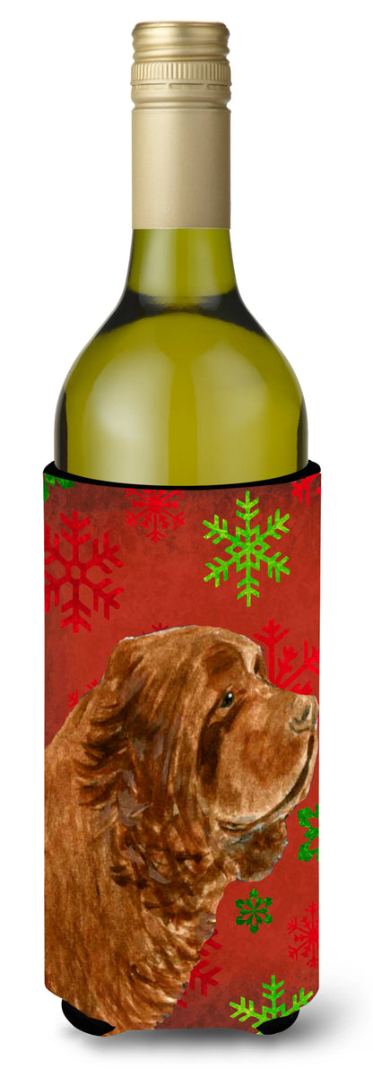 Red and Green Snowflakes Christmas Design with Dog Wine Bottle Hugger