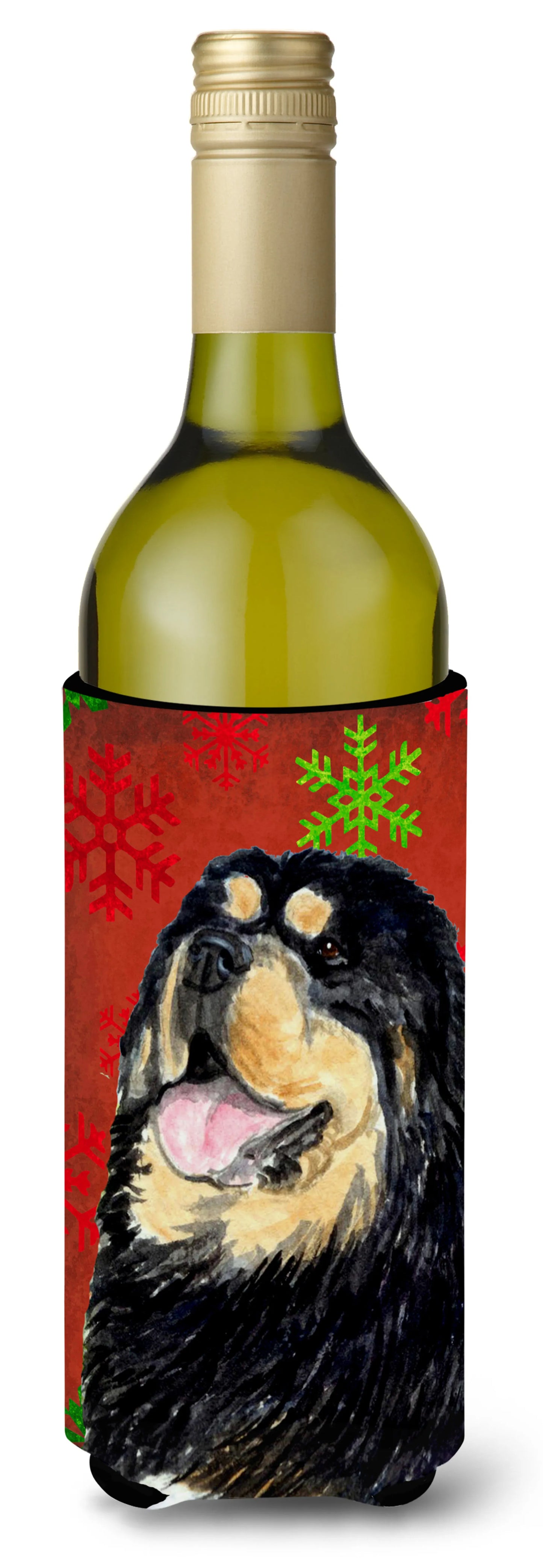 Red and Green Snowflakes Christmas Design with Dog Wine Bottle Hugger