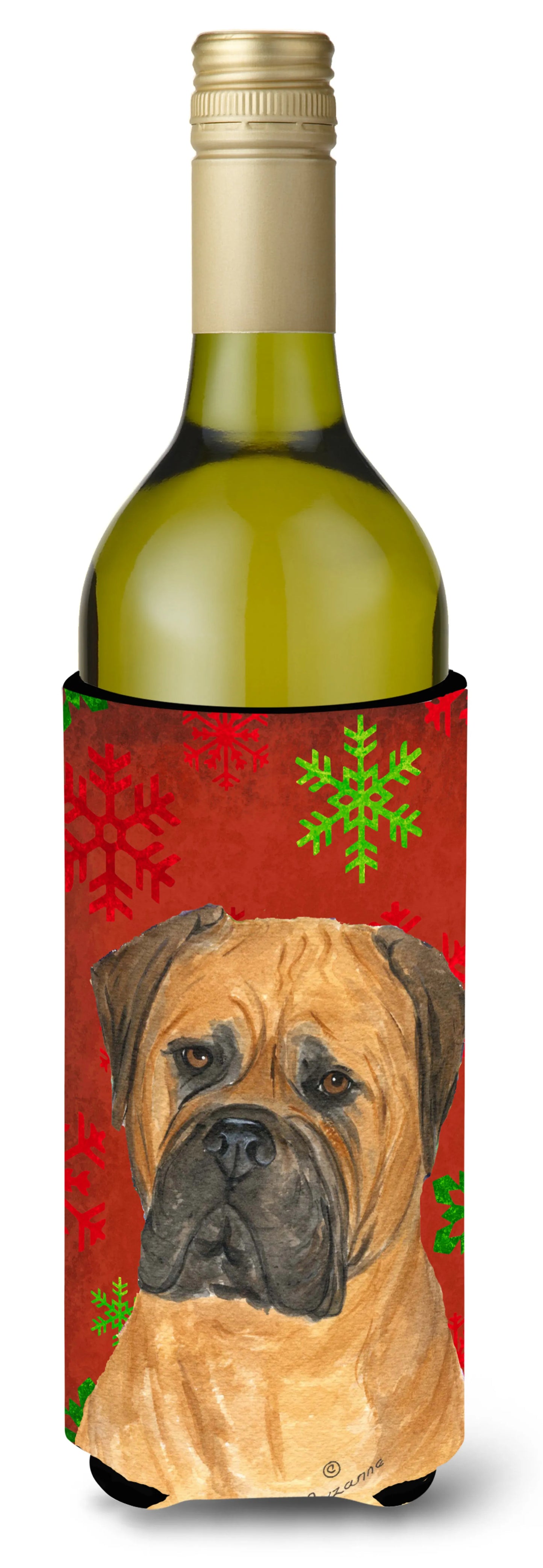 Red and Green Snowflakes Christmas Design with Dog Wine Bottle Hugger