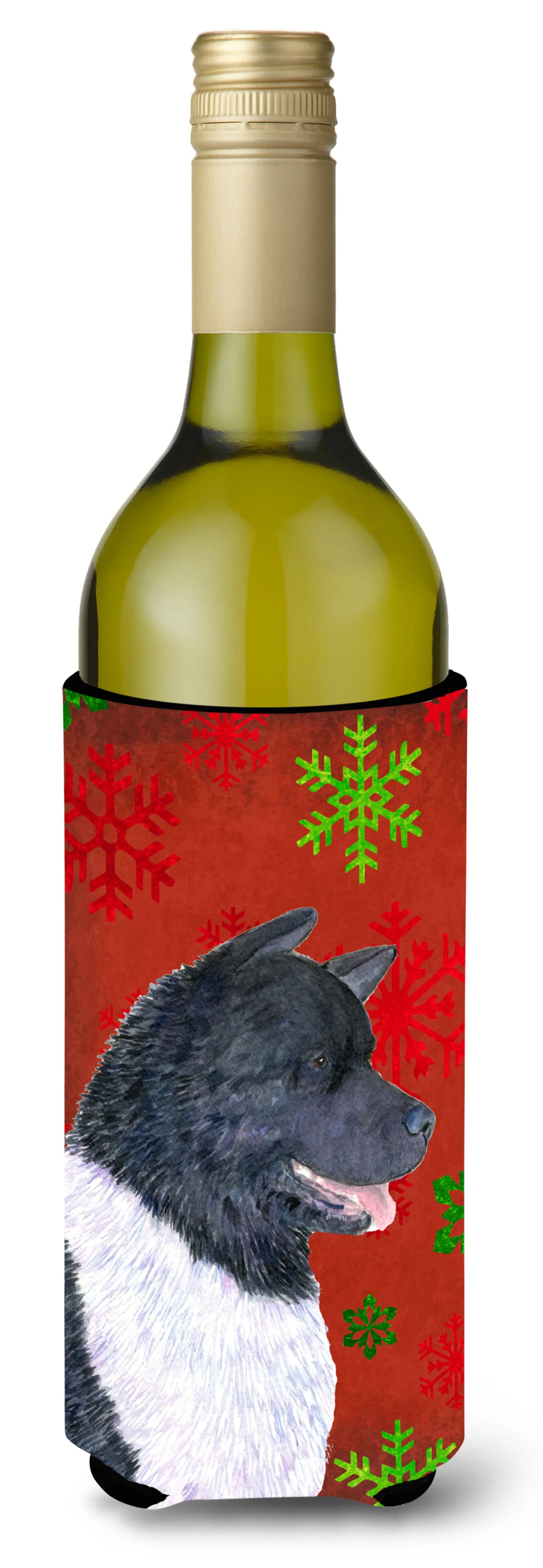 Red and Green Snowflakes Christmas Design with Dog Wine Bottle Hugger