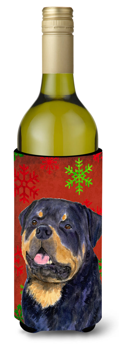 Red and Green Snowflakes Christmas Design with Dog Wine Bottle Hugger