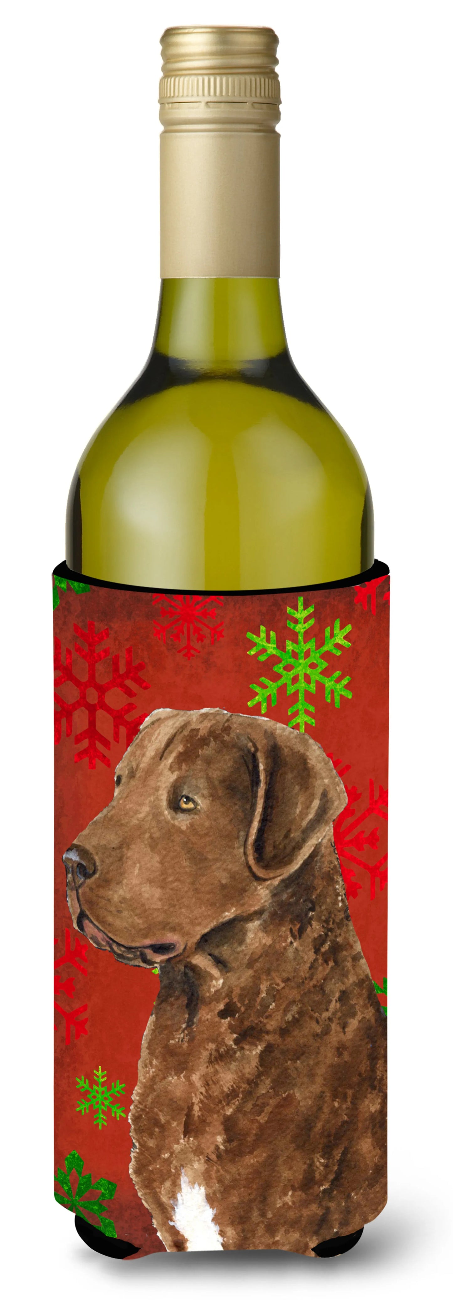 Red and Green Snowflakes Christmas Design with Dog Wine Bottle Hugger