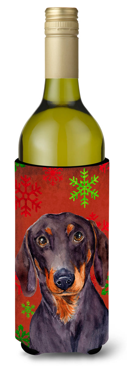 Red and Green Snowflakes Holiday Christmas Design with Dog Wine Bottle Hugger