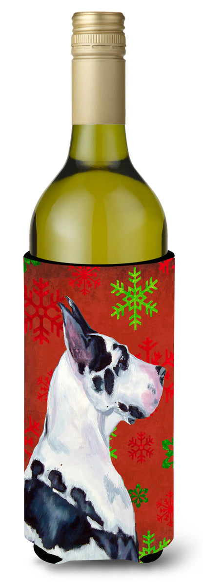 Red and Green Snowflakes Holiday Christmas Design with Dog Wine Bottle Hugger