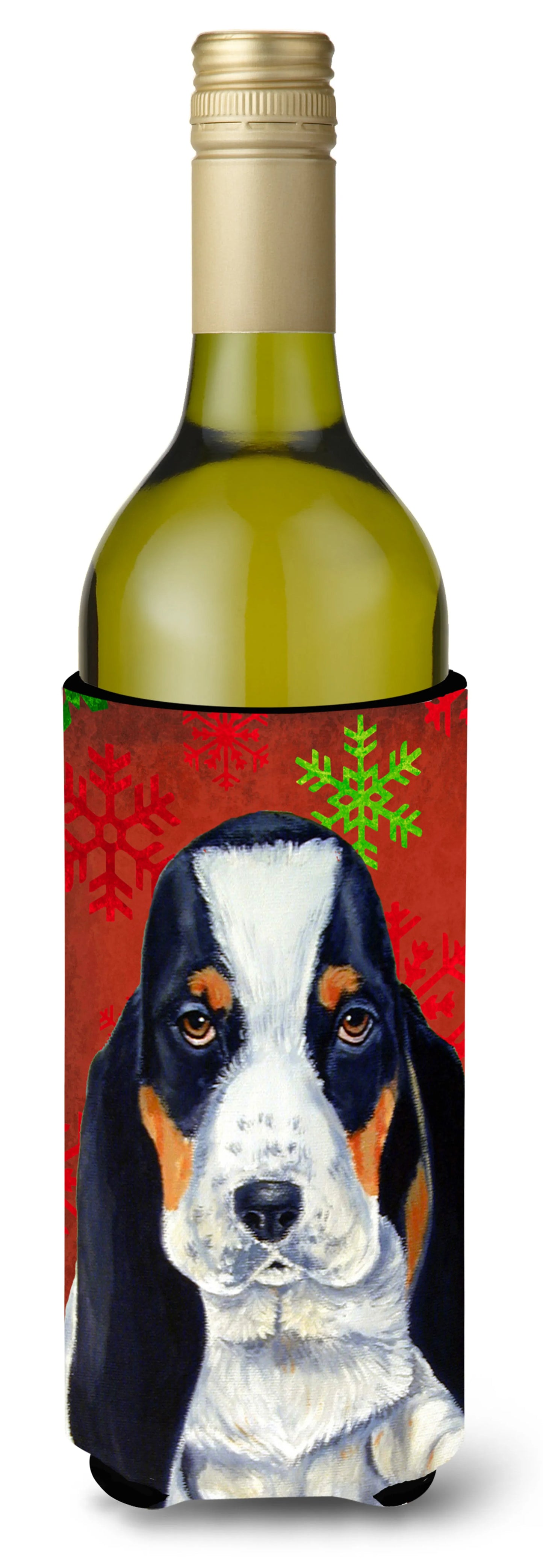 Red and Green Snowflakes Holiday Christmas Design with Dog Wine Bottle Hugger