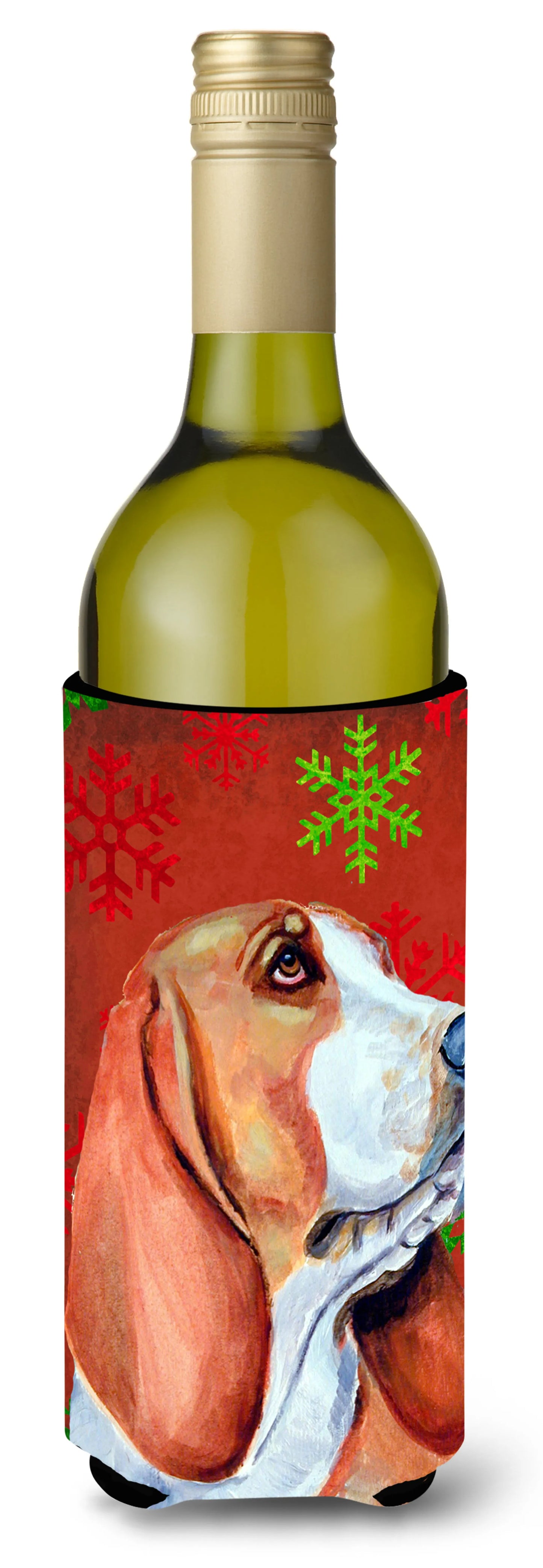 Red and Green Snowflakes Holiday Christmas Design with Dog Wine Bottle Hugger