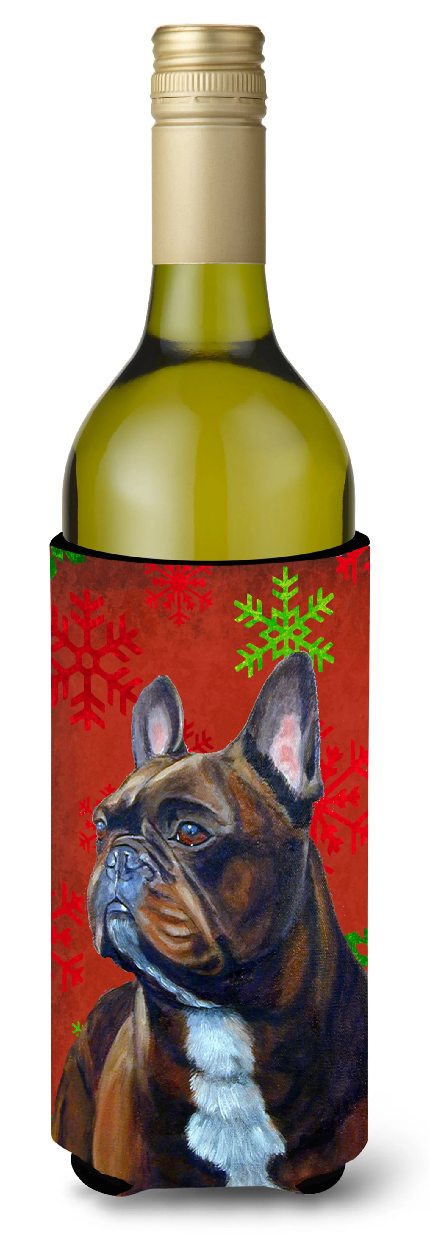 Red and Green Snowflakes Holiday Christmas Design with Dog Wine Bottle Hugger