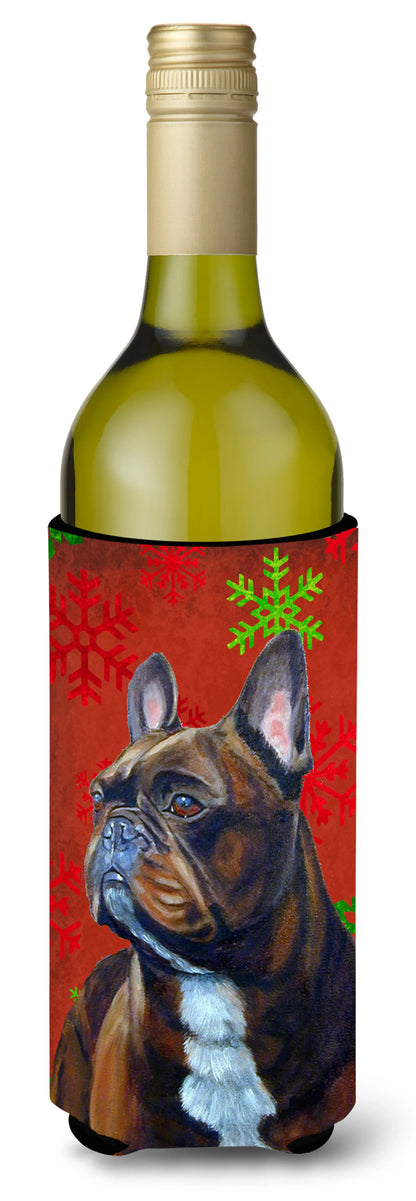 Red and Green Snowflakes Holiday Christmas Design with Dog Wine Bottle Hugger