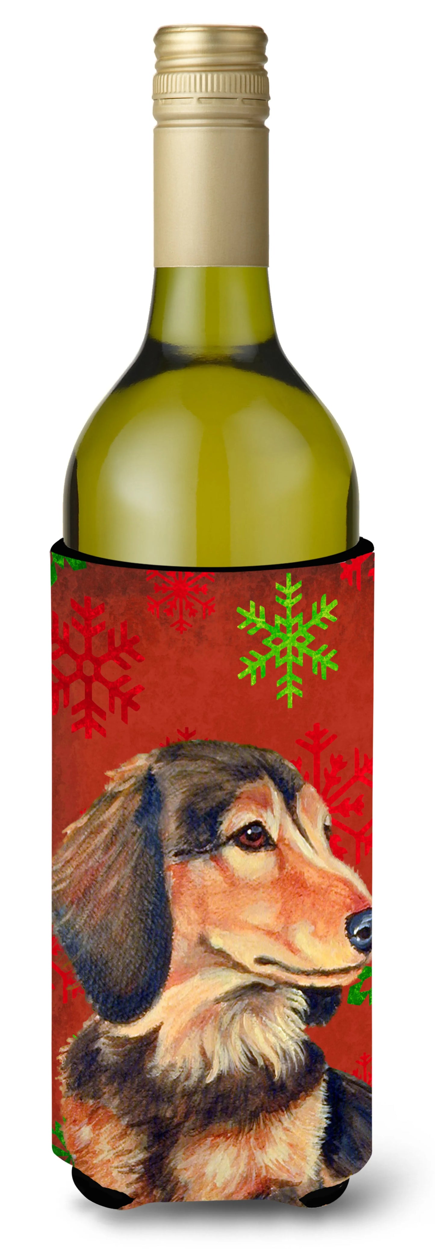 Red and Green Snowflakes Holiday Christmas Design with Dog Wine Bottle Hugger