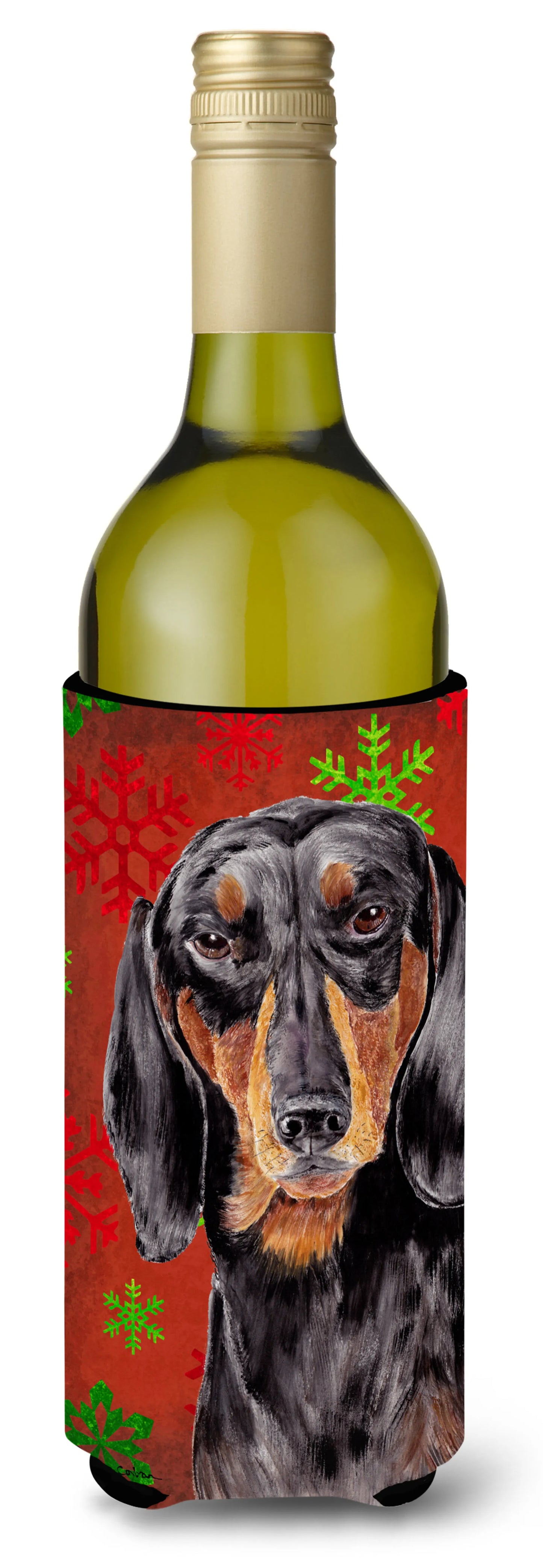 Red and Green Snowflakes Christmas Design with Dog Wine Bottle Hugger