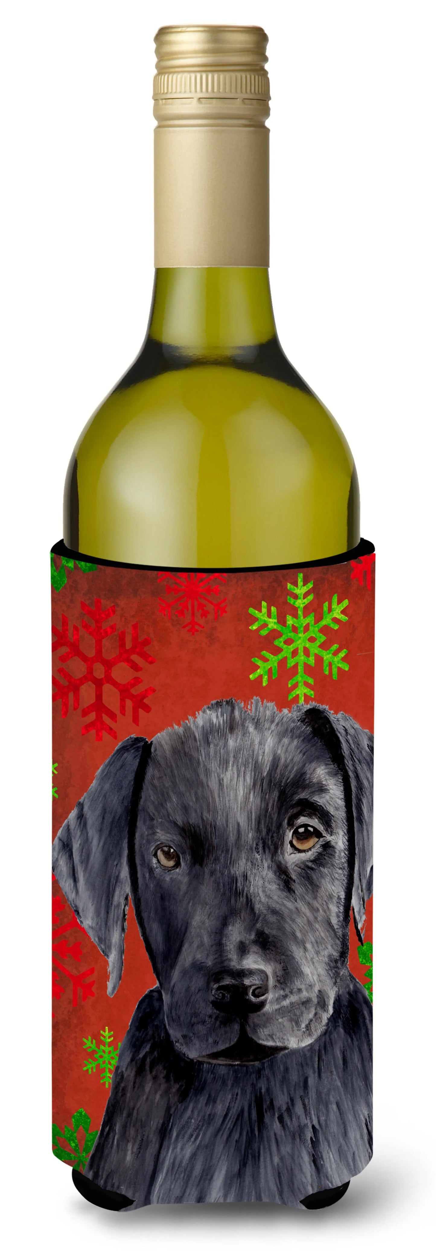 Red and Green Snowflakes Christmas Design with Dog Wine Bottle Hugger