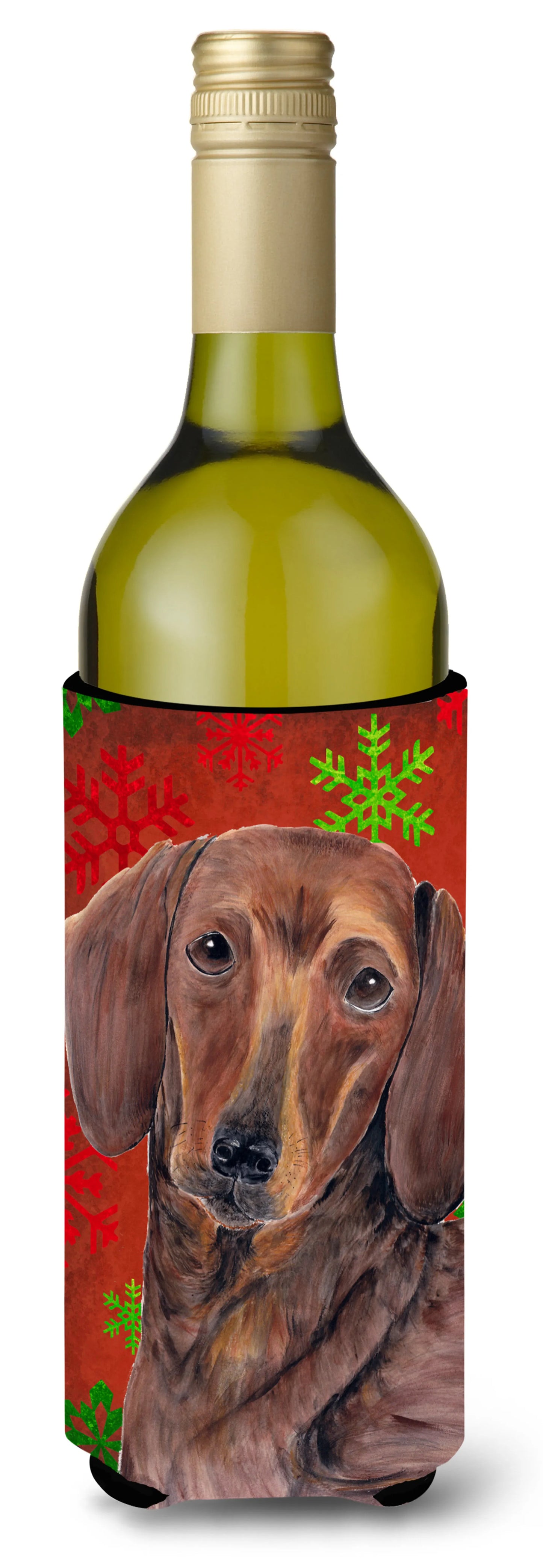 Red and Green Snowflakes Christmas Design with Dog Wine Bottle Hugger