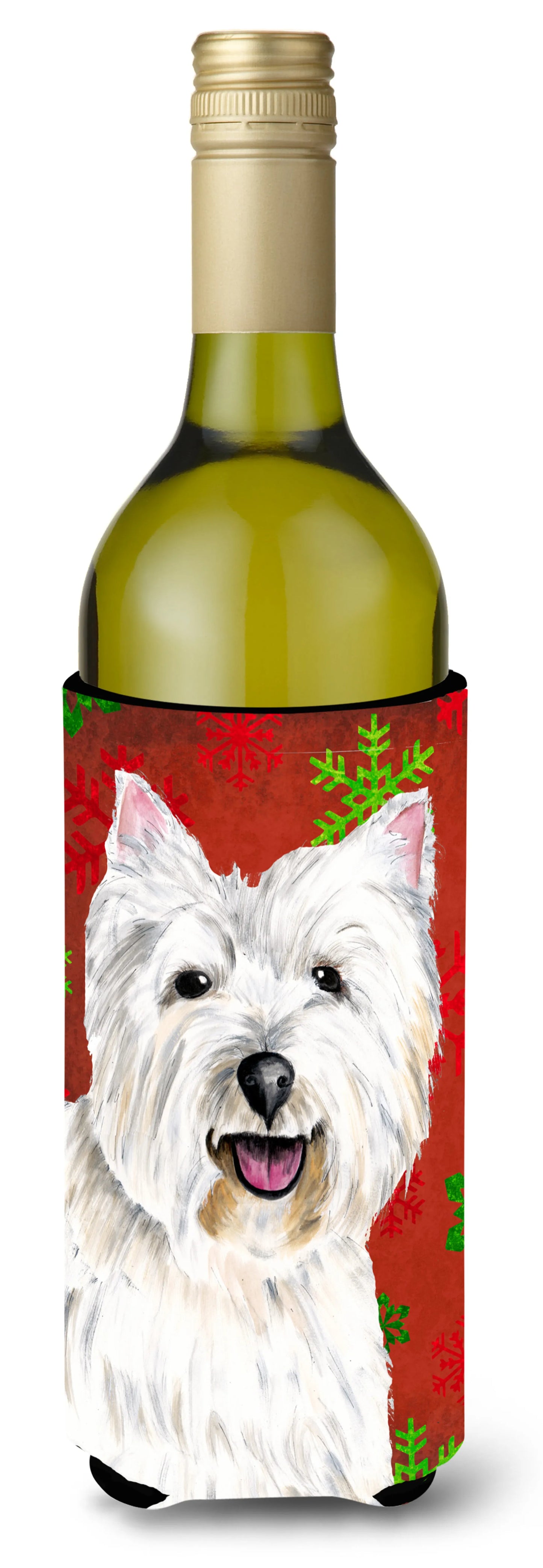 Red and Green Snowflakes Christmas Design with Dog Wine Bottle Hugger