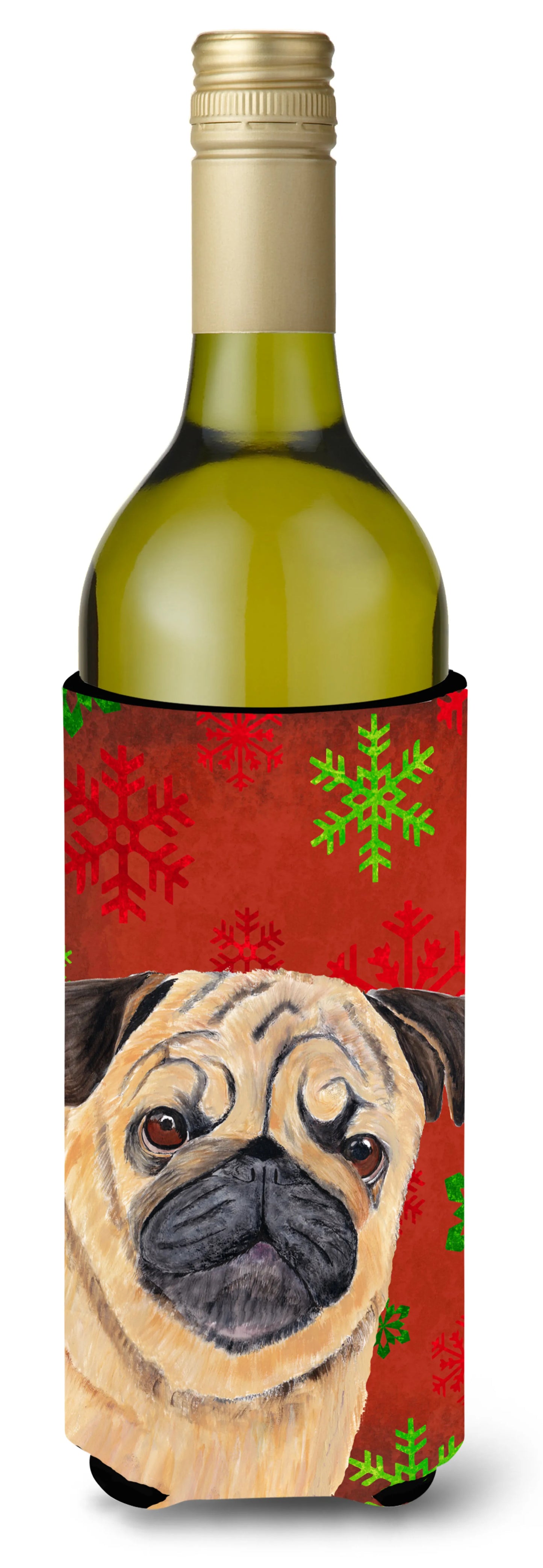 Red and Green Snowflakes Christmas Design with Dog Wine Bottle Hugger