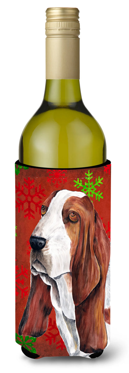 Red and Green Snowflakes Christmas Design with Dog Wine Bottle Hugger