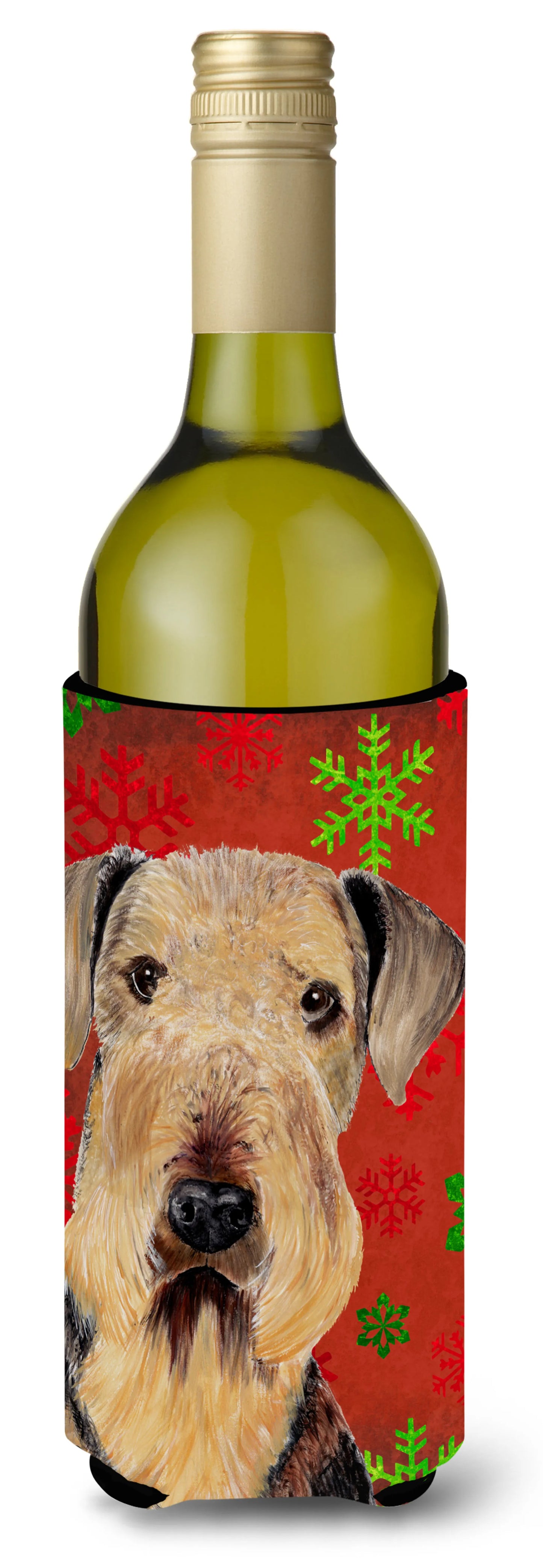 Red and Green Snowflakes Christmas Design with Dog Wine Bottle Hugger