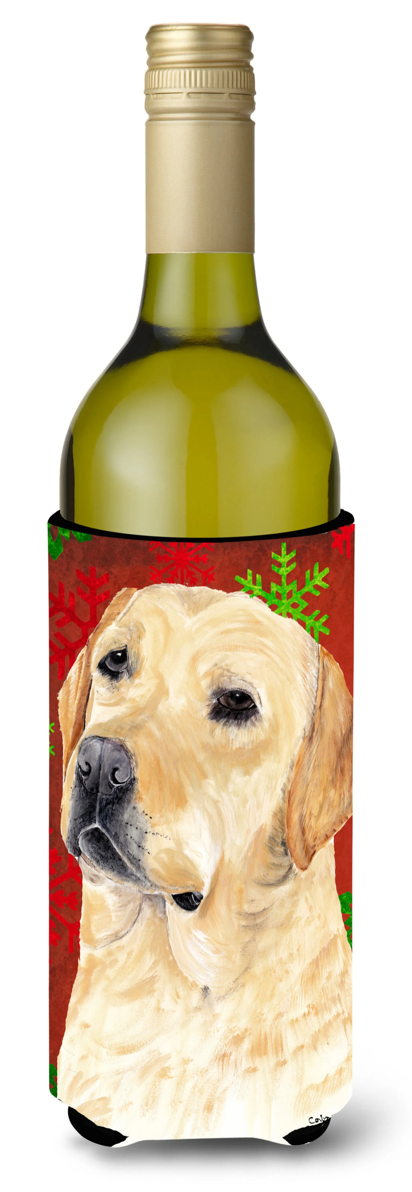 Red and Green Snowflakes Christmas Design with Dog Wine Bottle Hugger