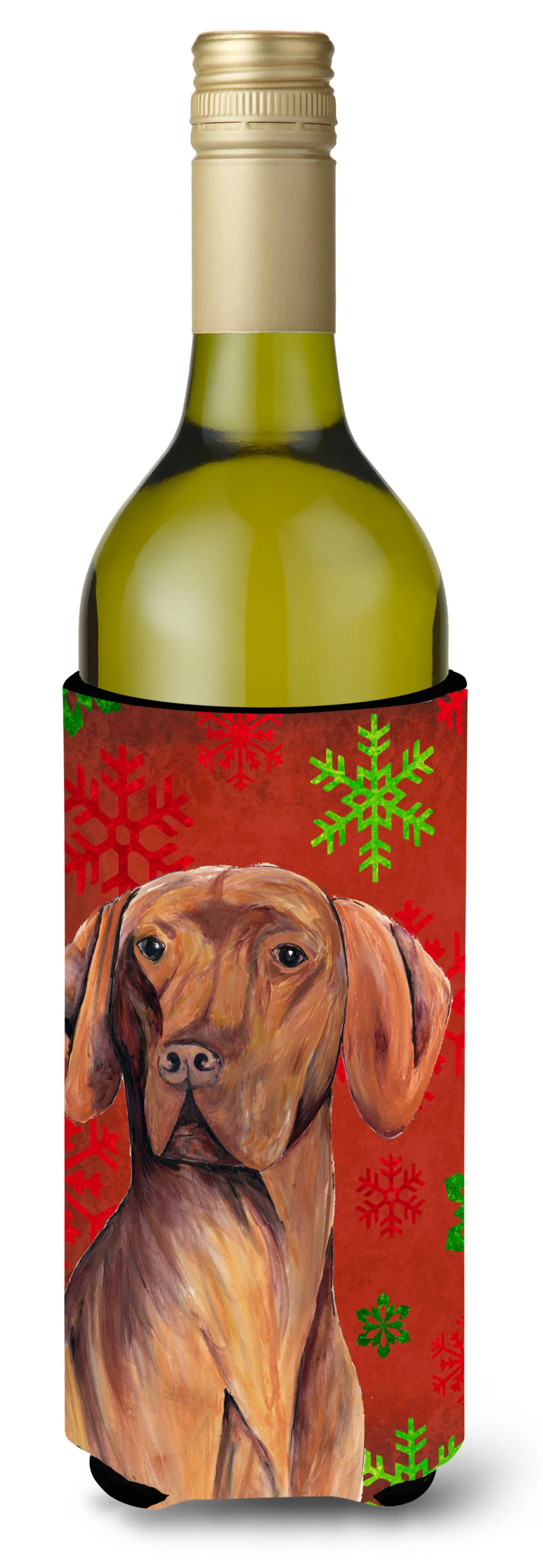 Red and Green Snowflakes Christmas Design with Dog Wine Bottle Hugger