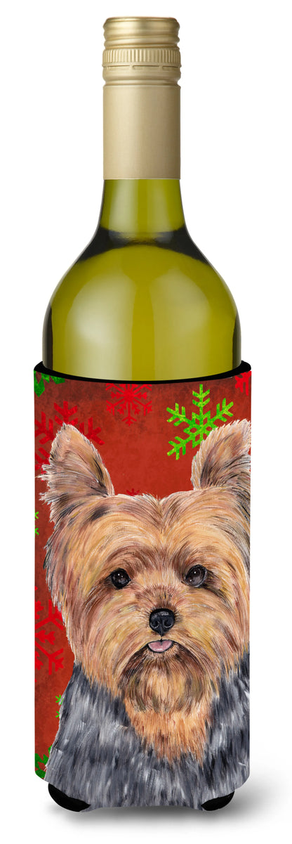 Red and Green Snowflakes Christmas Design with Dog Wine Bottle Hugger