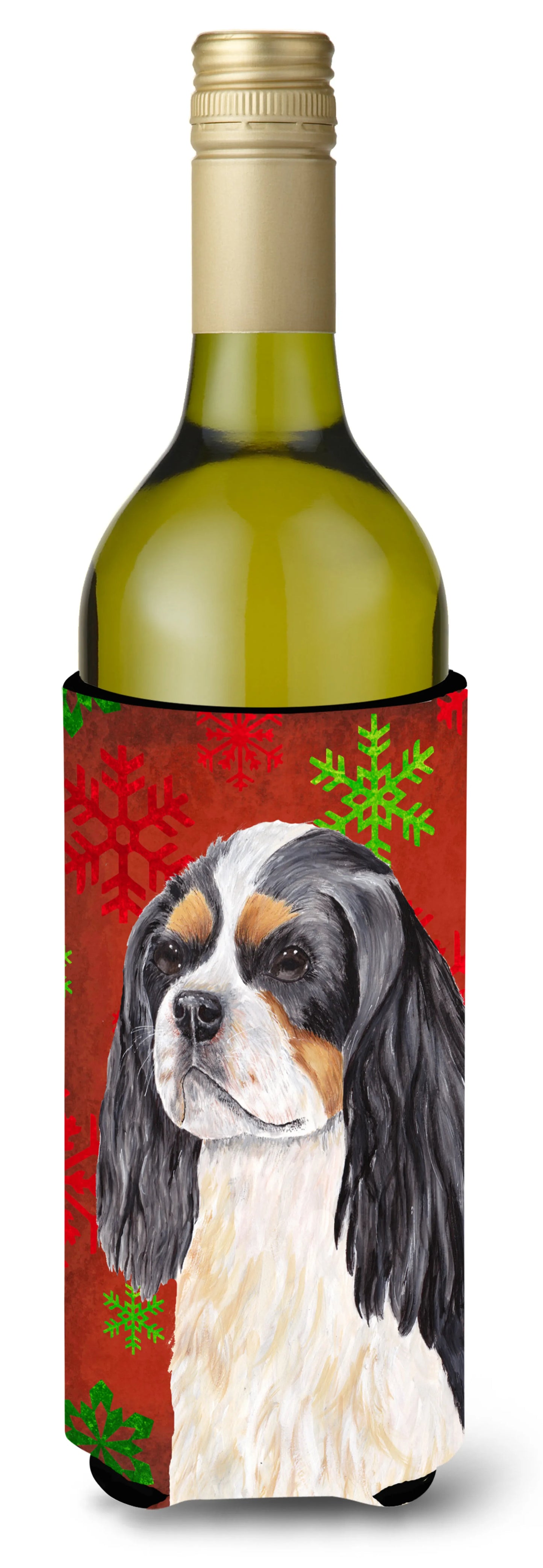 Red and Green Snowflakes Christmas Design with Dog Wine Bottle Hugger