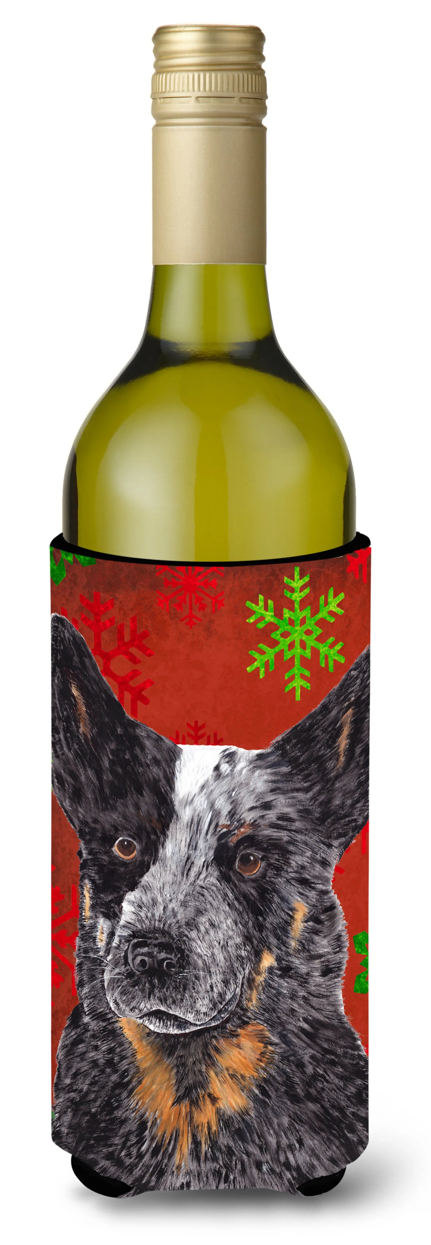 Red and Green Snowflakes Christmas Design with Dog Wine Bottle Hugger