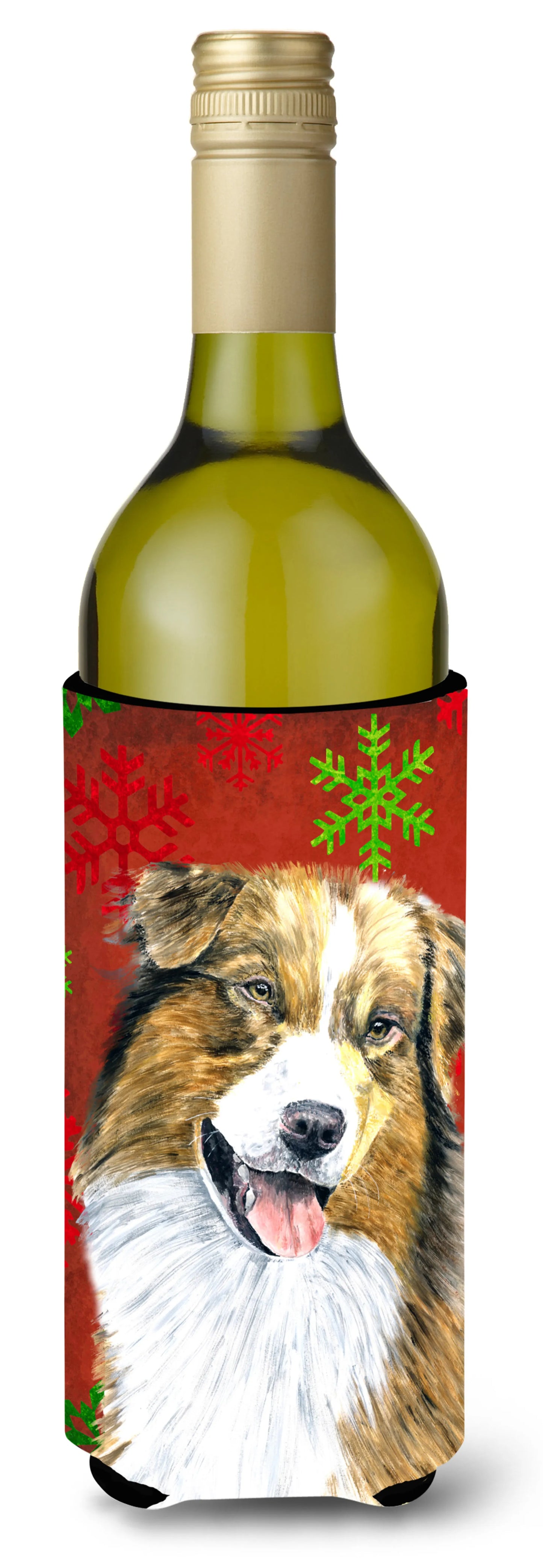 Red and Green Snowflakes Christmas Design with Dog Wine Bottle Hugger