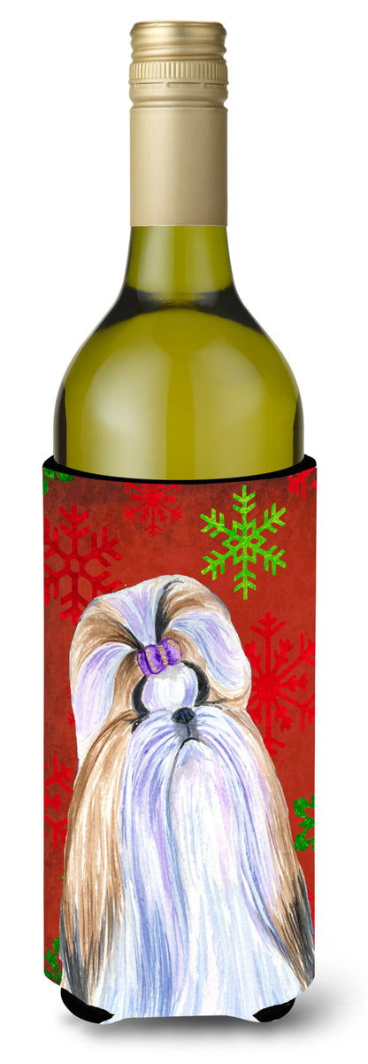 Red and Green Snowflakes Christmas Design with Dog Wine Bottle Hugger