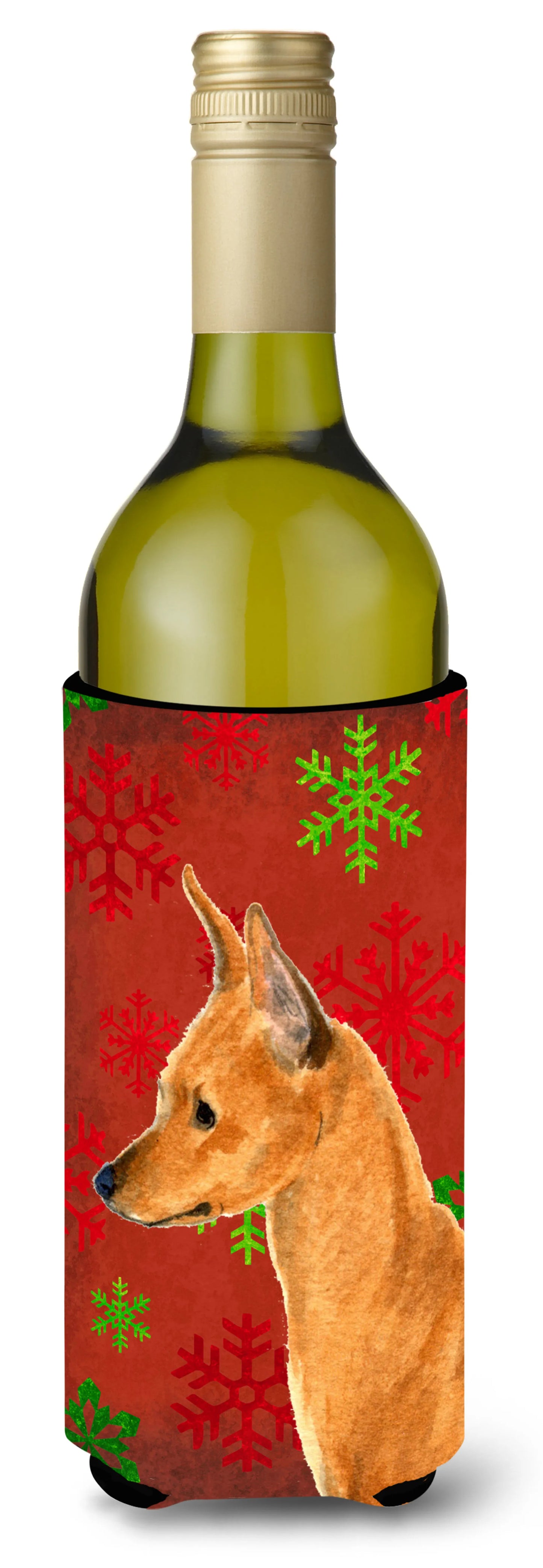 Red and Green Snowflakes Christmas Design with Dog Wine Bottle Hugger