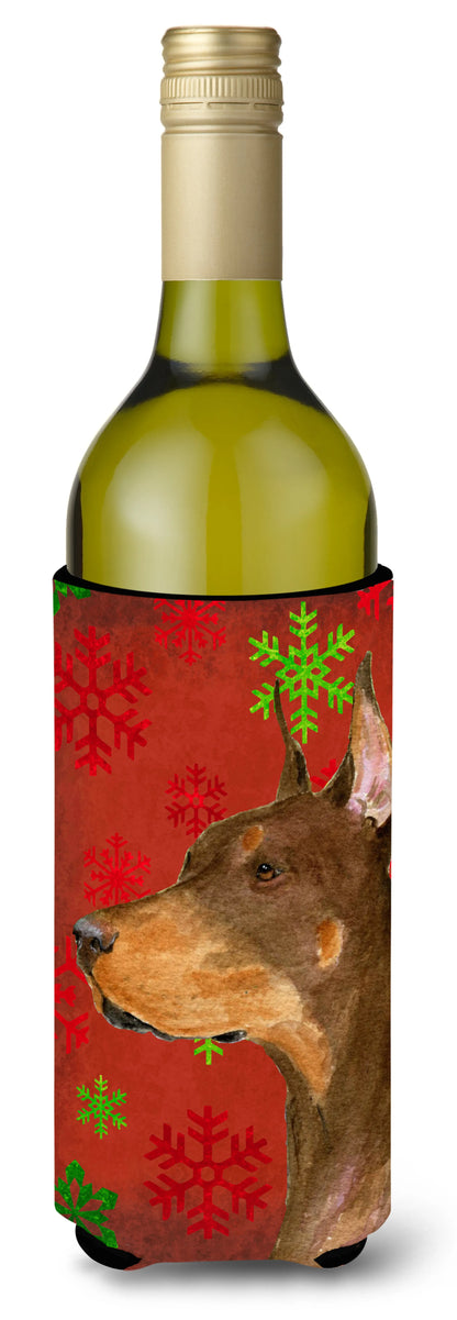 Red and Green Snowflakes Christmas Design with Dog Wine Bottle Hugger