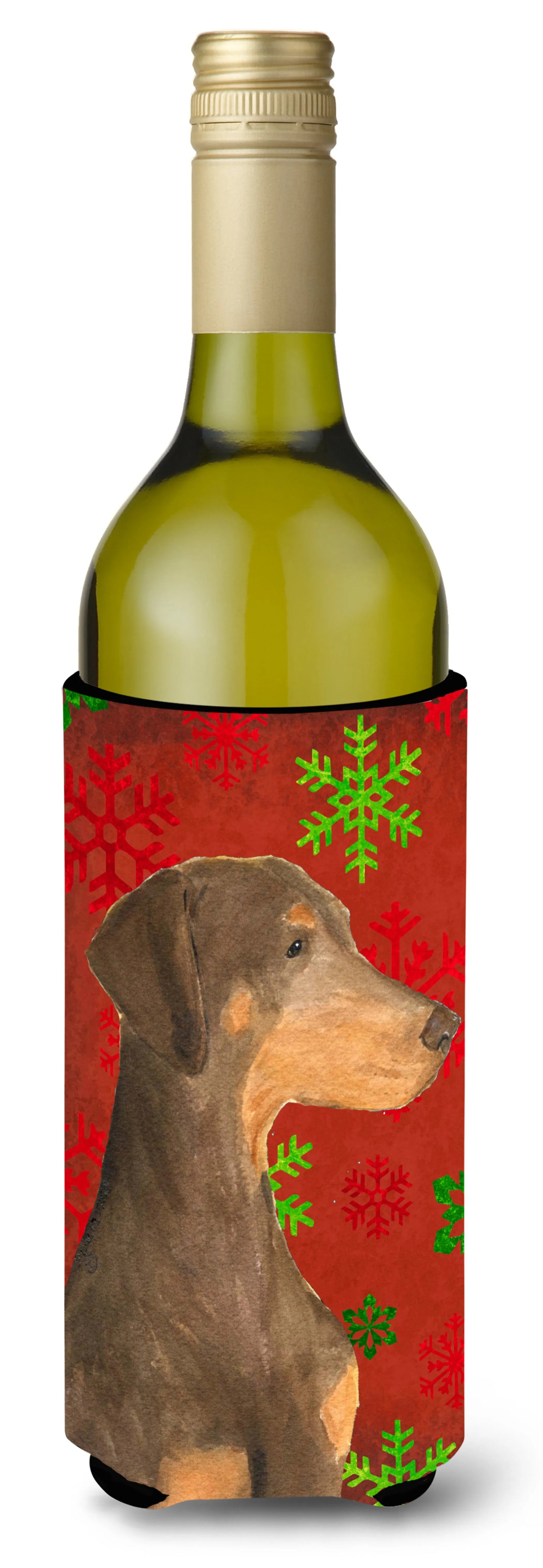 Red and Green Snowflakes Christmas Design with Dog Wine Bottle Hugger