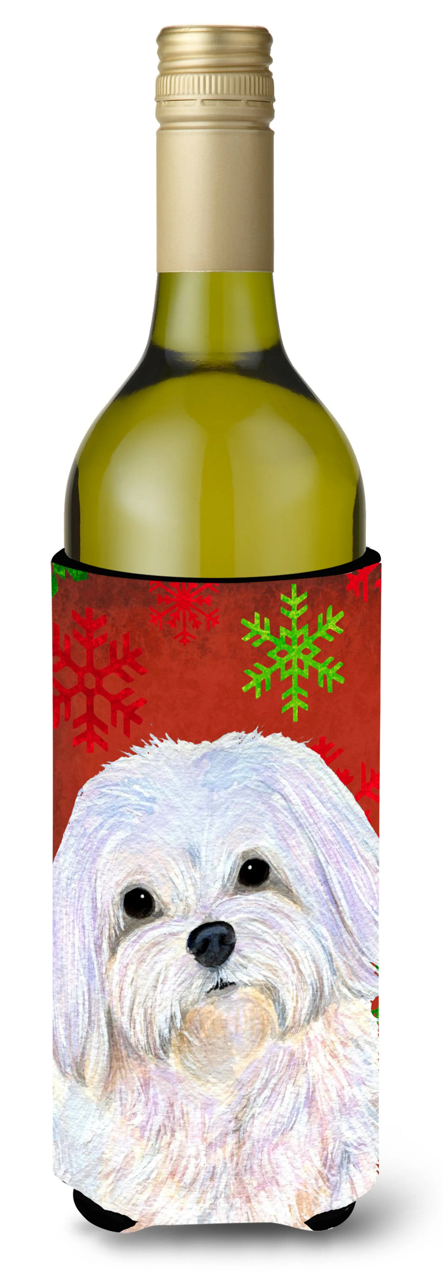 Red and Green Snowflakes Christmas Design with Dog Wine Bottle Hugger