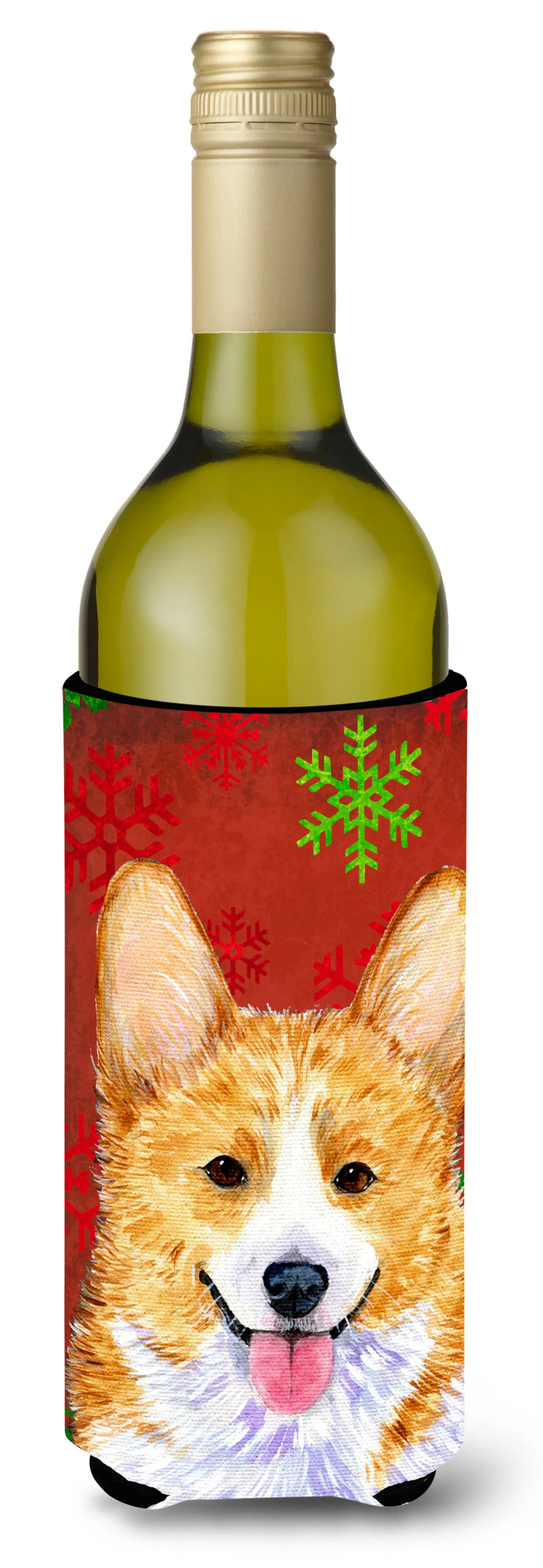 Red and Green Snowflakes Christmas Design with Dog Wine Bottle Hugger