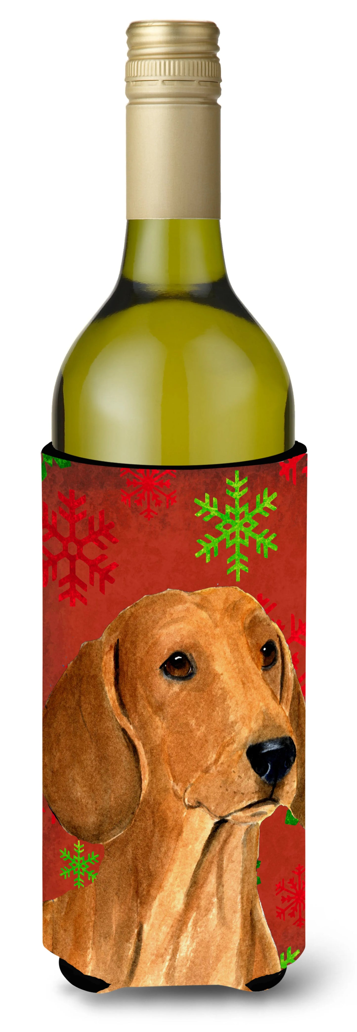 Red and Green Snowflakes Christmas Design with Dog Wine Bottle Hugger