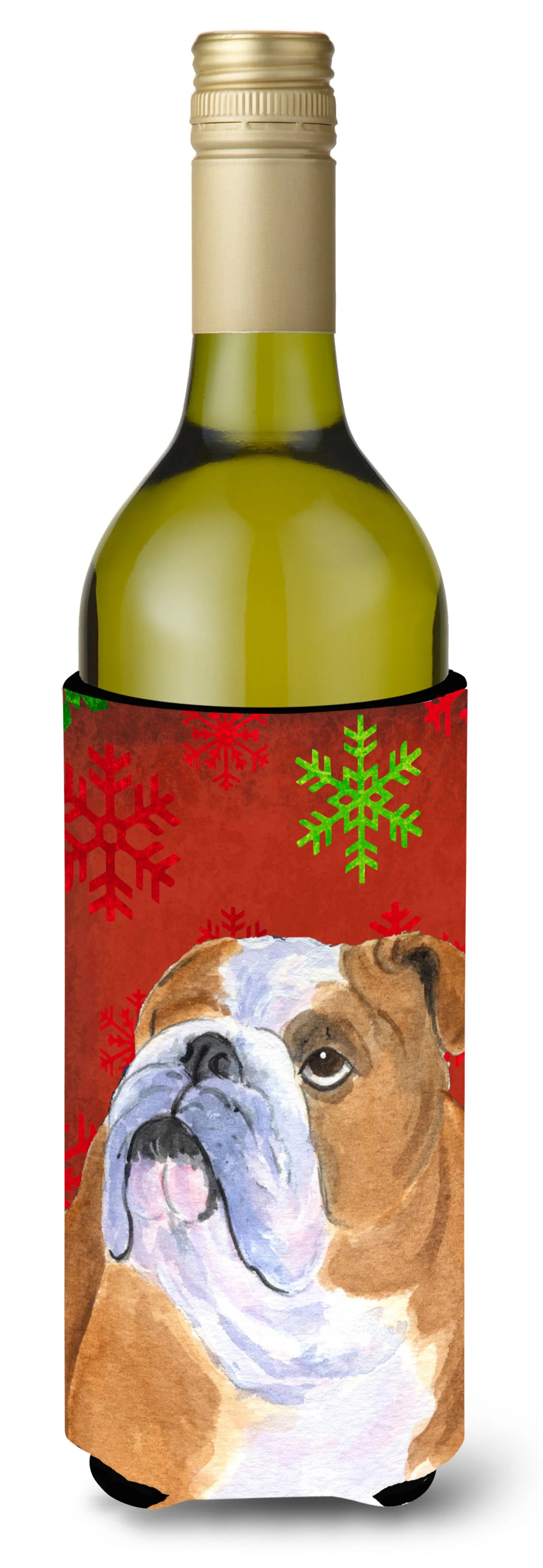 Red and Green Snowflakes Christmas Design with Dog Wine Bottle Hugger