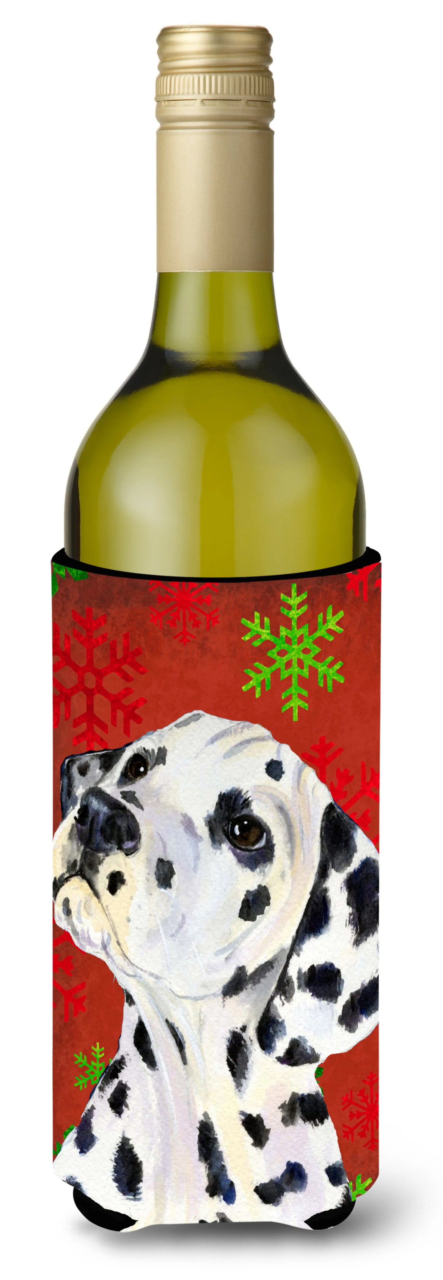 Red and Green Snowflakes Christmas Design with Dog Wine Bottle Hugger