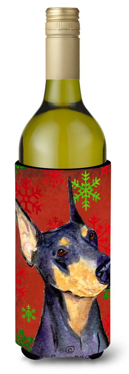 Red and Green Snowflakes Christmas Design with Dog Wine Bottle Hugger