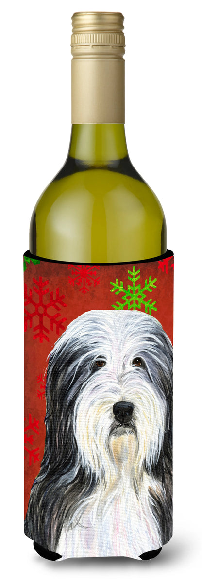 Red and Green Snowflakes Christmas Design with Dog Wine Bottle Hugger