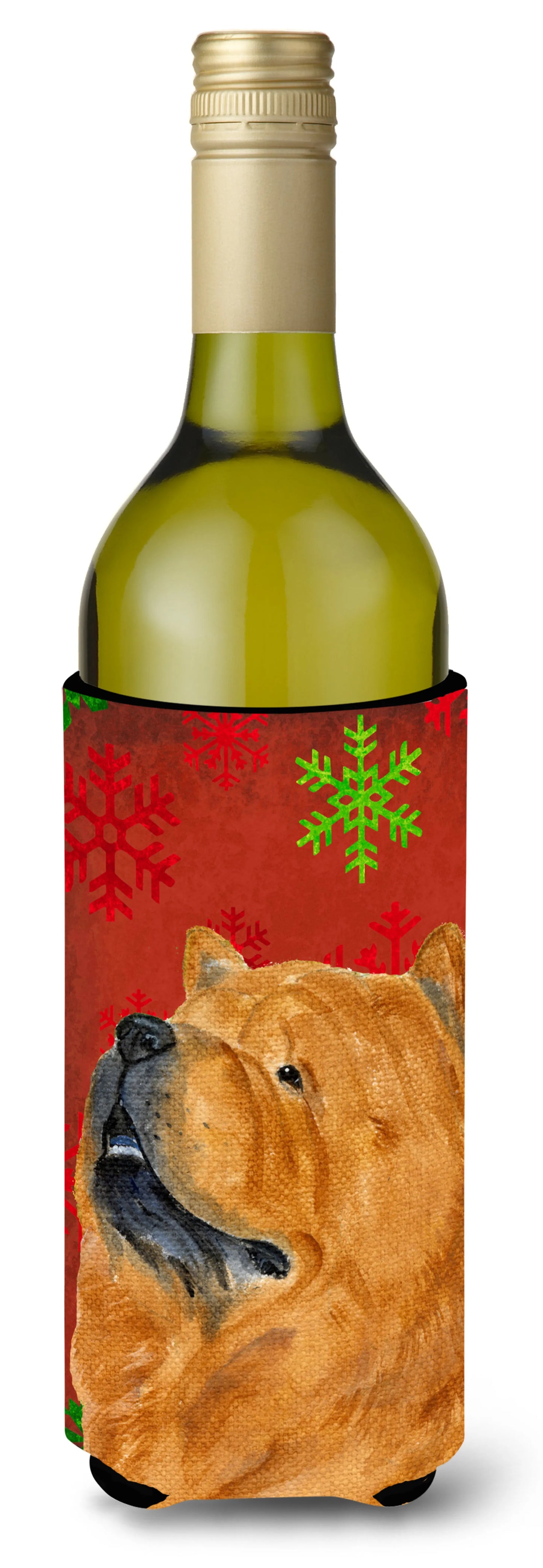 Red and Green Snowflakes Christmas Design with Dog Wine Bottle Hugger