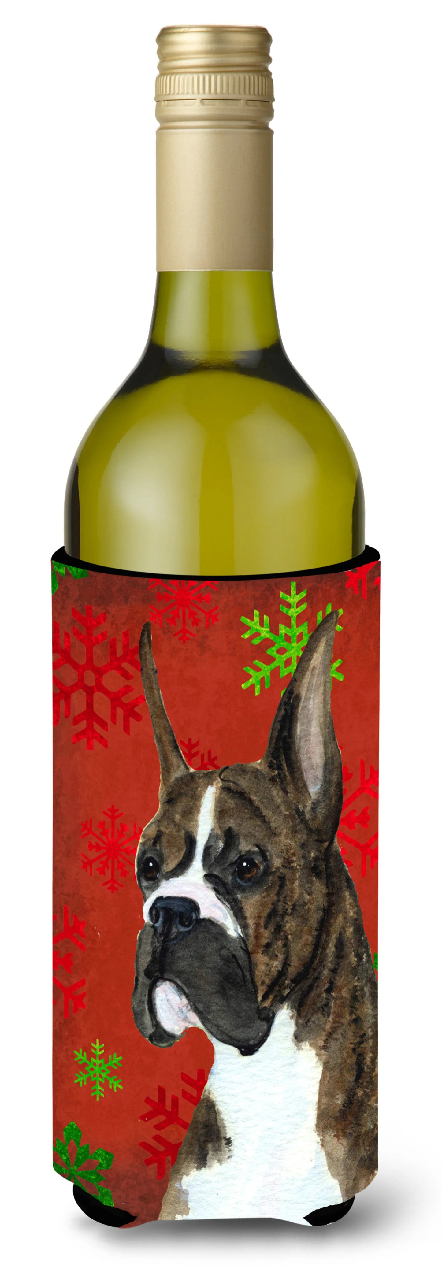 Red and Green Snowflakes Christmas Design with Dog Wine Bottle Hugger