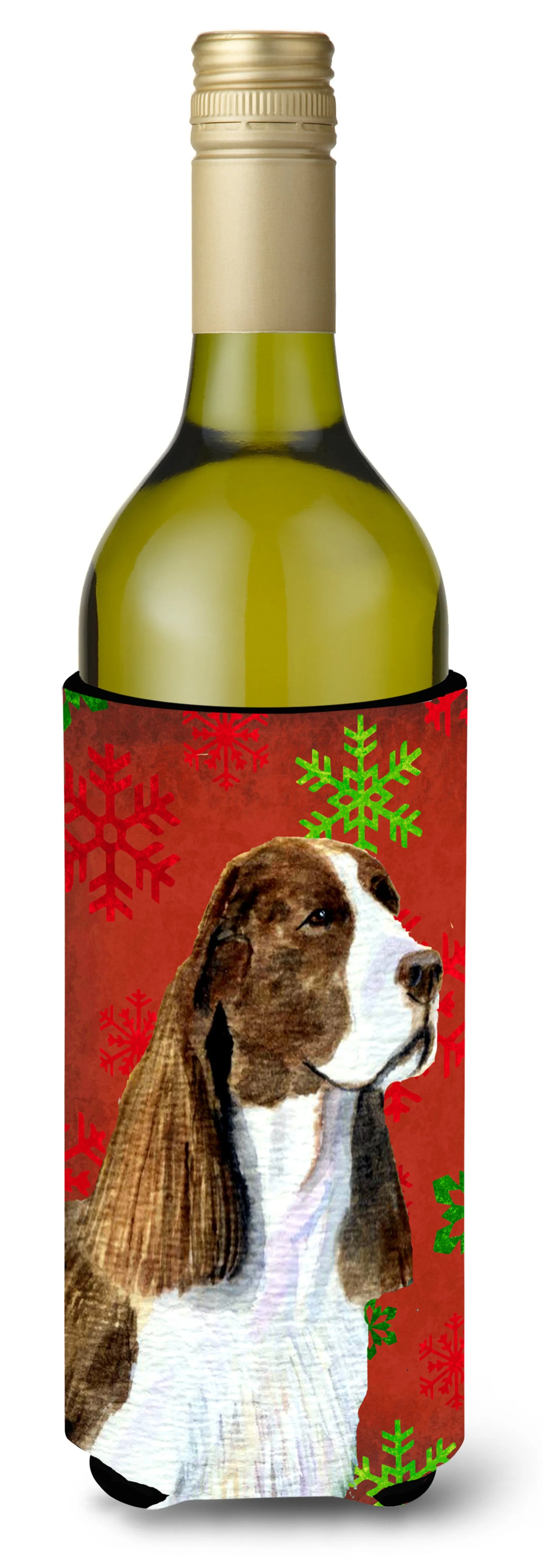 Red and Green Snowflakes Christmas Design with Dog Wine Bottle Hugger