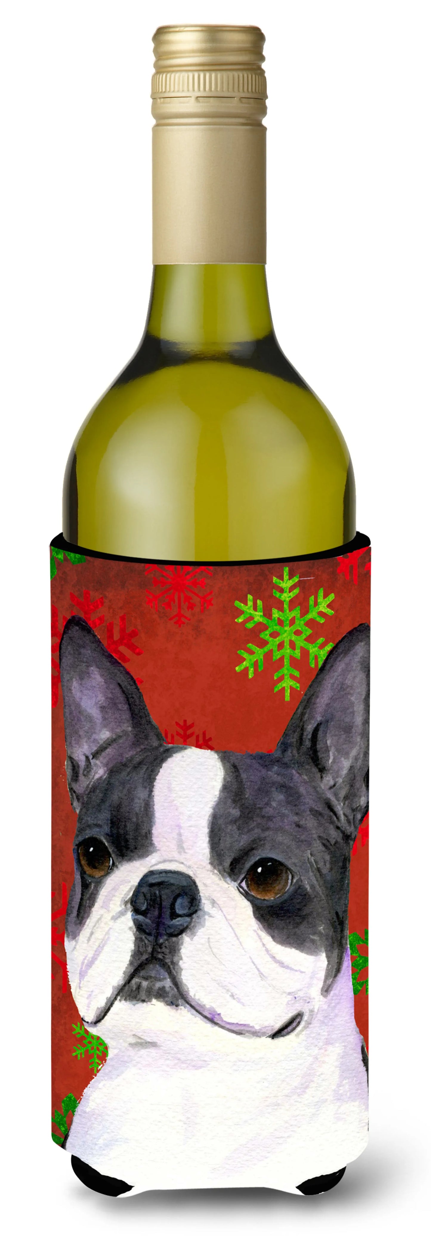 Red and Green Snowflakes Christmas Design with Dog Wine Bottle Hugger