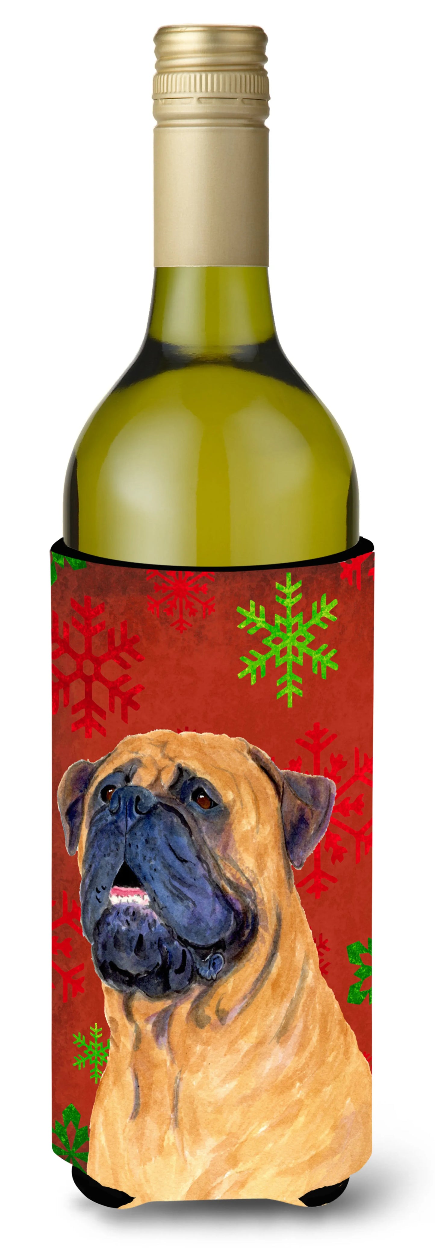 Red and Green Snowflakes Christmas Design with Dog Wine Bottle Hugger