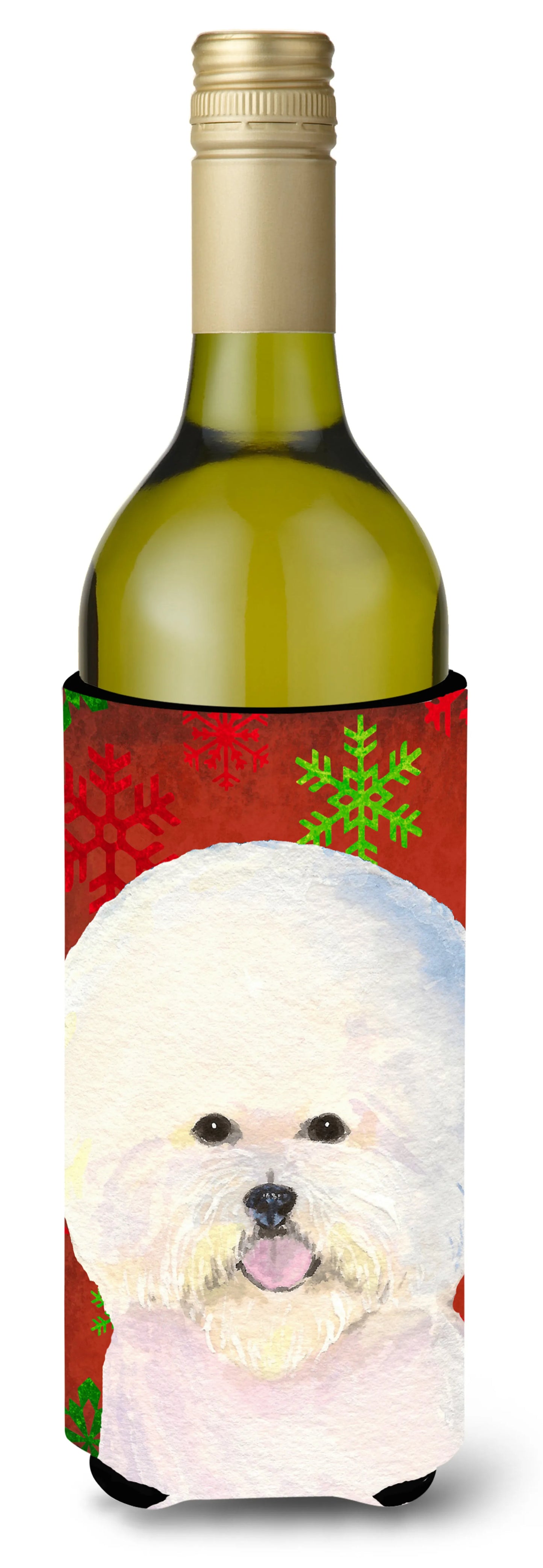 Red and Green Snowflakes Christmas Design with Dog Wine Bottle Hugger