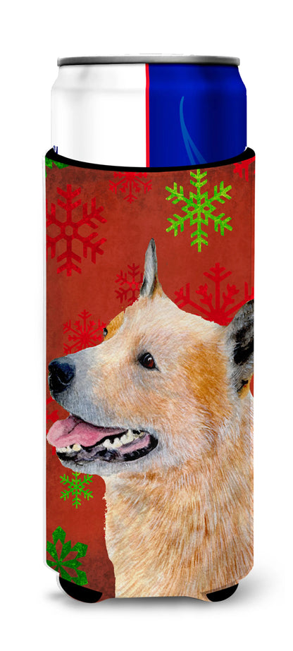 Red and Green Snowflakes Holiday Christmas Design with Dog Ultra Hugger for slim cans